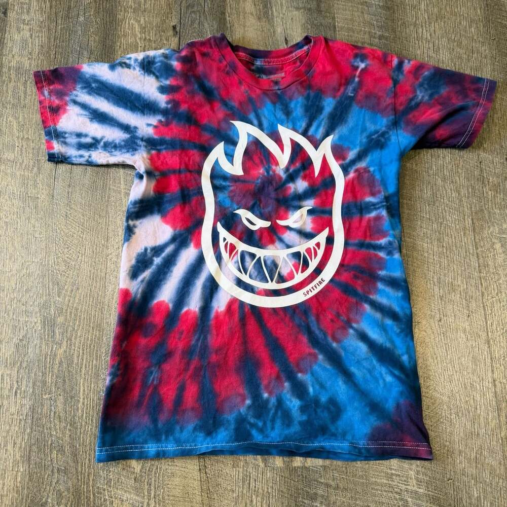 Spitfire Wheels Red White Blue Tie Dye Flame Head Short Sleeve T-Shirt Small